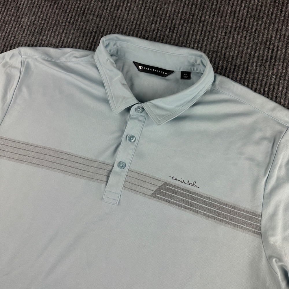 TravisMathew Mens XXL Light Blue Striped Short Sleeve Golf Polo Shirt 2403